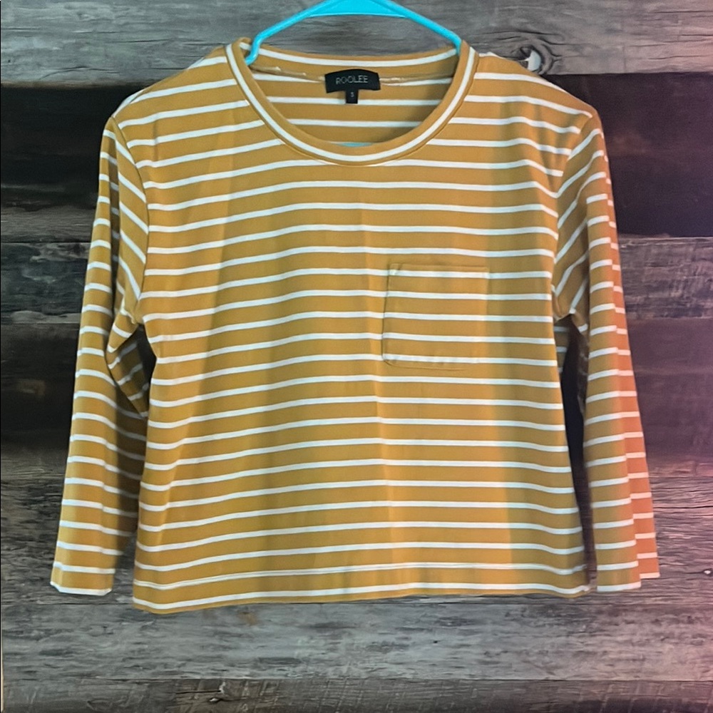 Roolee White and Mustard Yellow striped Crop 3/4 Sleeve Tee